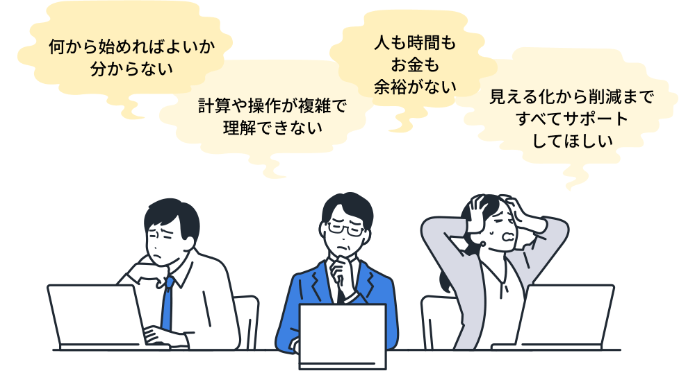 「何から始めればよいか分からない」「計算や操作が複雑で理解できない」「人も時間も余裕がない」「見える化から削減まですべてサポートしてほしい」